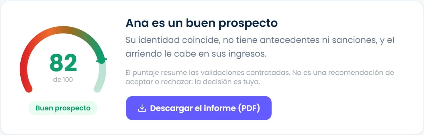 Informe de un estudio de inquilino: puntaje de 82 sobre 100, «buen prospecto», con la lectura de lo verificado